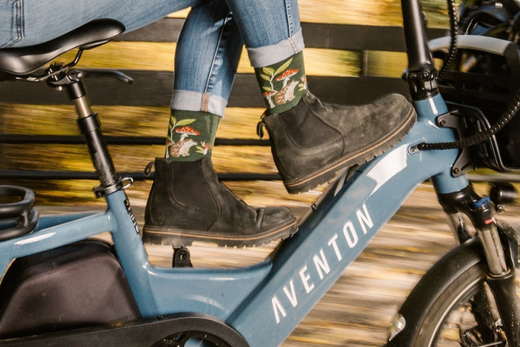 Shop dress and casual socks - feet on bike wearing lifestyle socks with hedgehogs